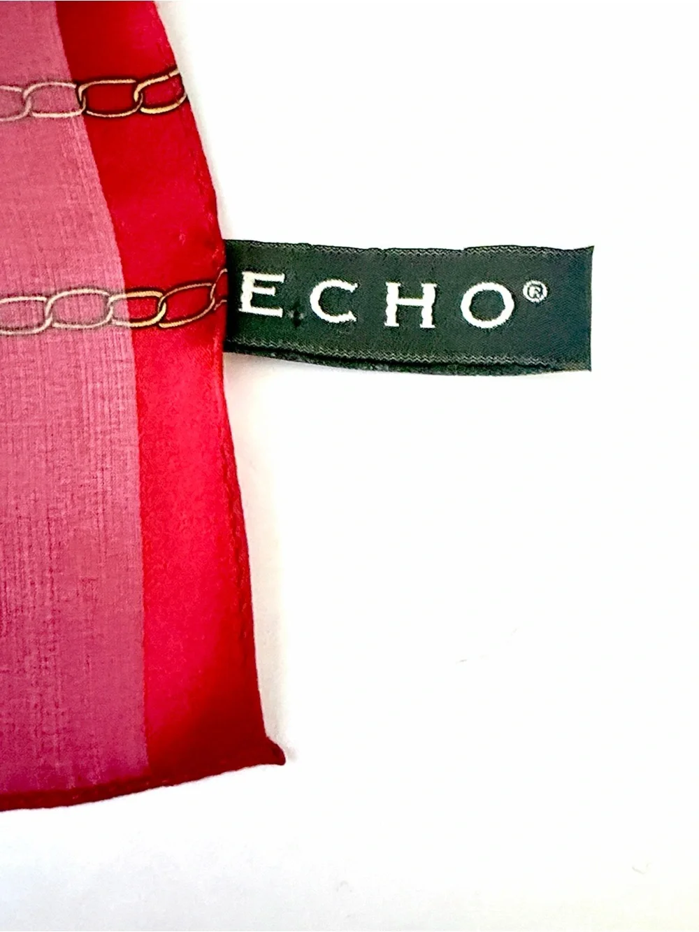 ECHO Silk Scarf Red Burgundy Equestrian Belt Chain Print Chiffon Satin